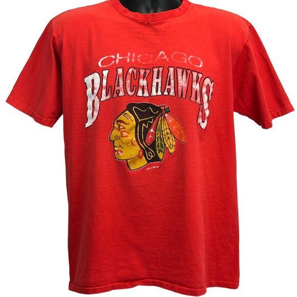 Vintage 80s Chicago Blackhawks T Shirt Distressed NHL Hockey USA Tee Red L Large - Picture 2 of 12